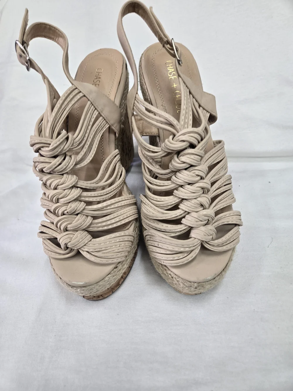 Chase + Chloe Beige Braided Cork Platform Wedge Sandals